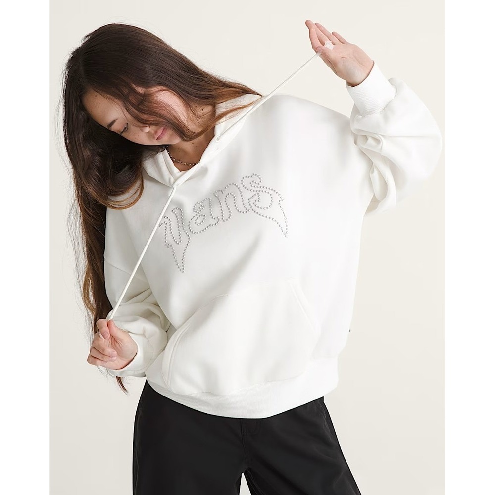 VANS Pearls Logo Retro Pullover Sweatshirt White Oversized Fleece Women Size L